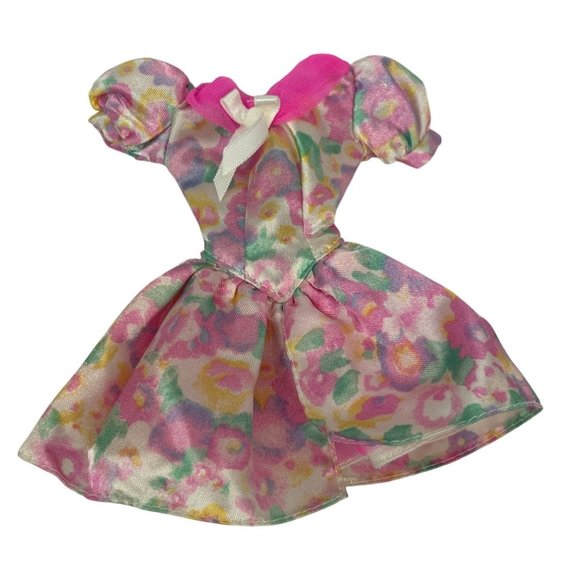 Vintage Barbie Pink Floral Dress Layered Puff Sleeves Bow Tulle - Picture 1 of 6